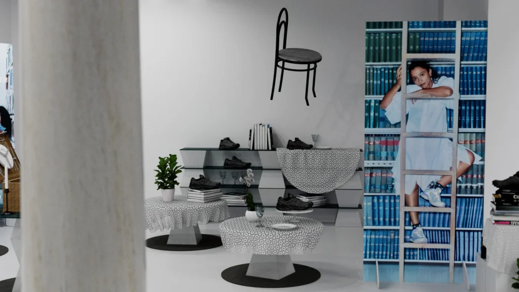Allestimento interno con griglia azzurra e immagine di campagna XT-Whisper