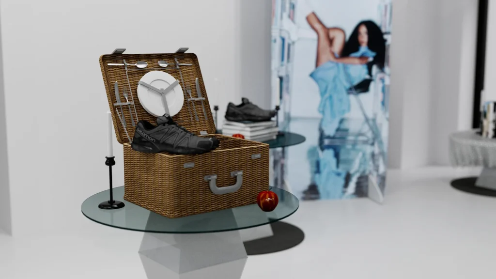 Cesto da picnic con una sneaker Salomon XT-Whisper in esposizione