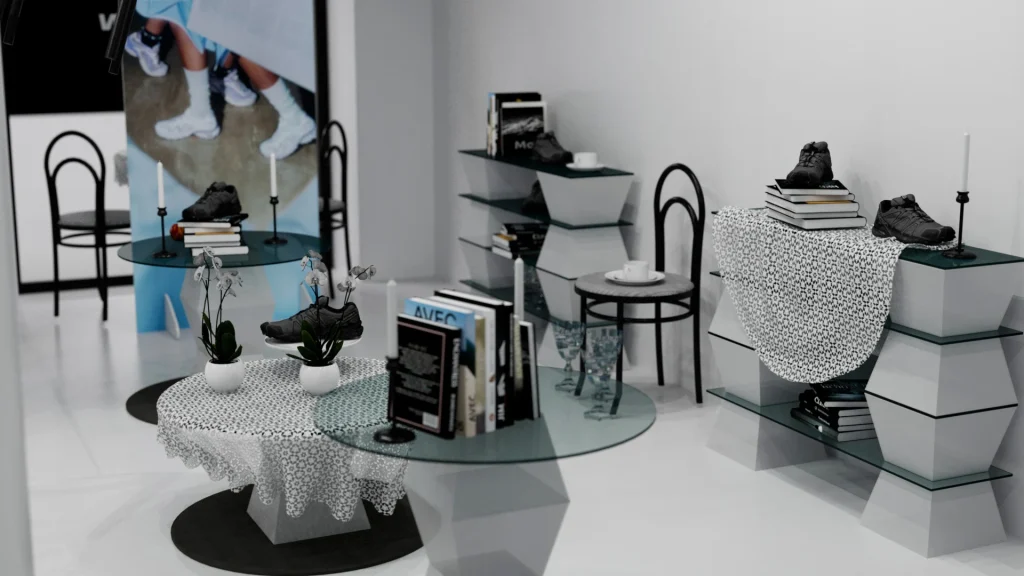 Tavoli espositivi con le sneaker Salomon e le sedie Thonet nello spazio picnic