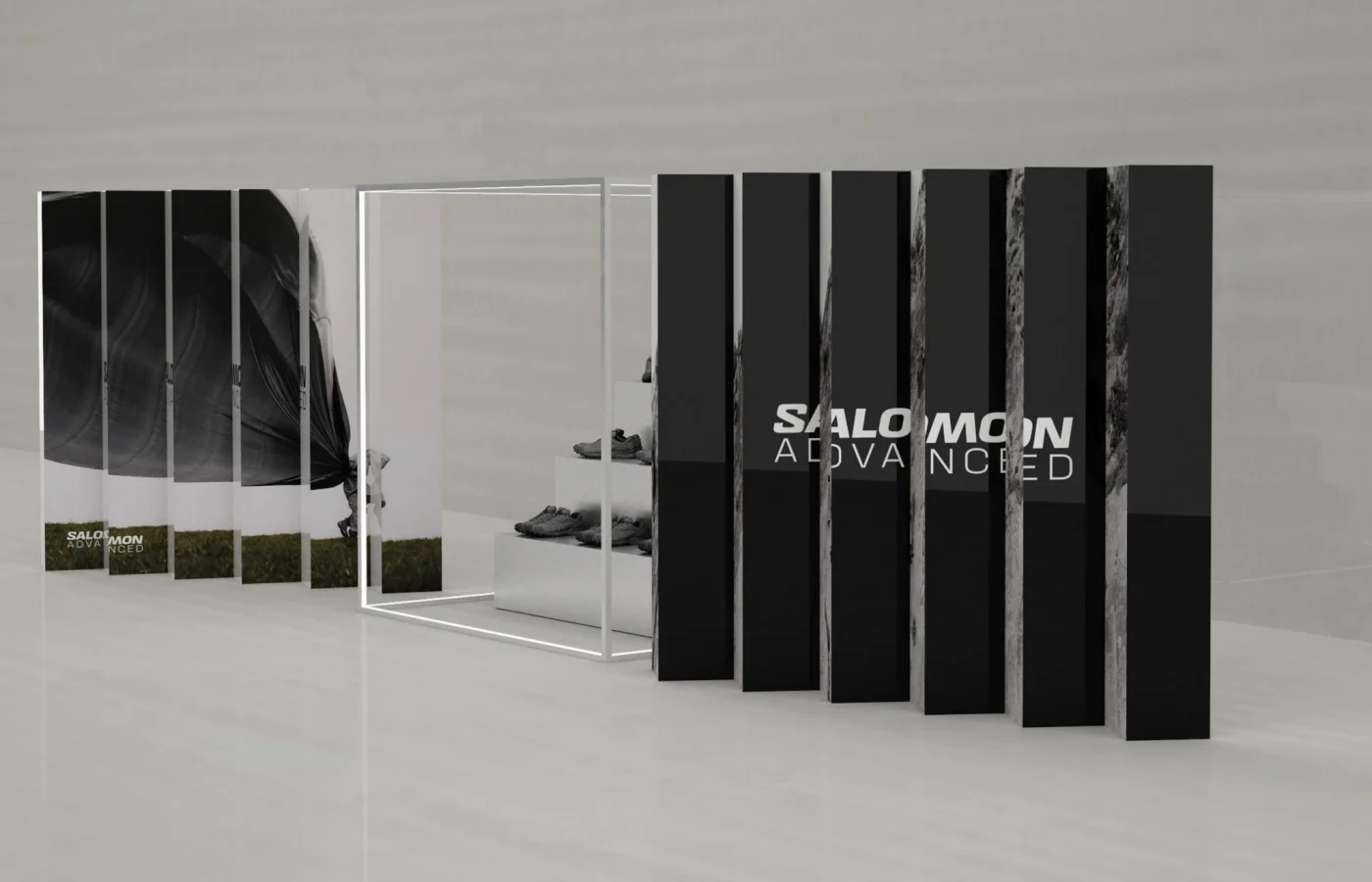 Salomon Advanced installation with black panels and logo in the 10 Corso Como space