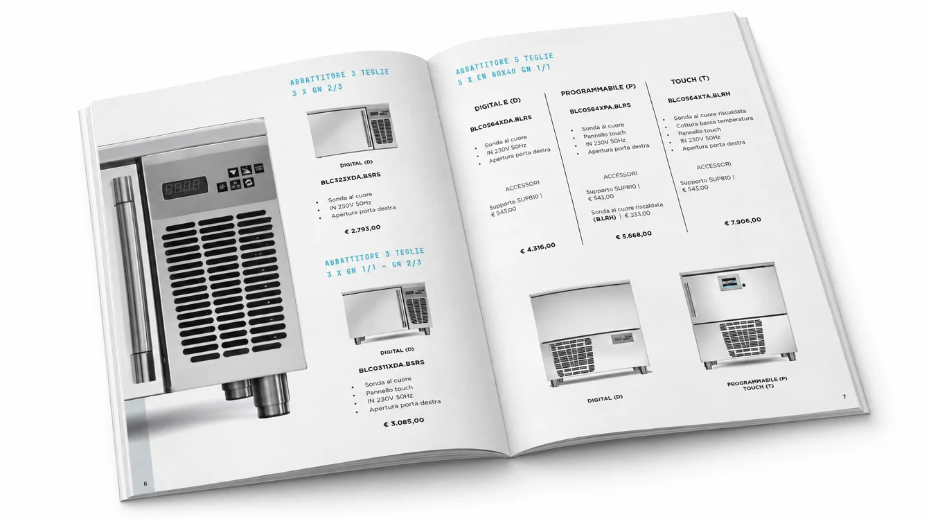 Brochure double page with the rendering of an oven and the technical specifications