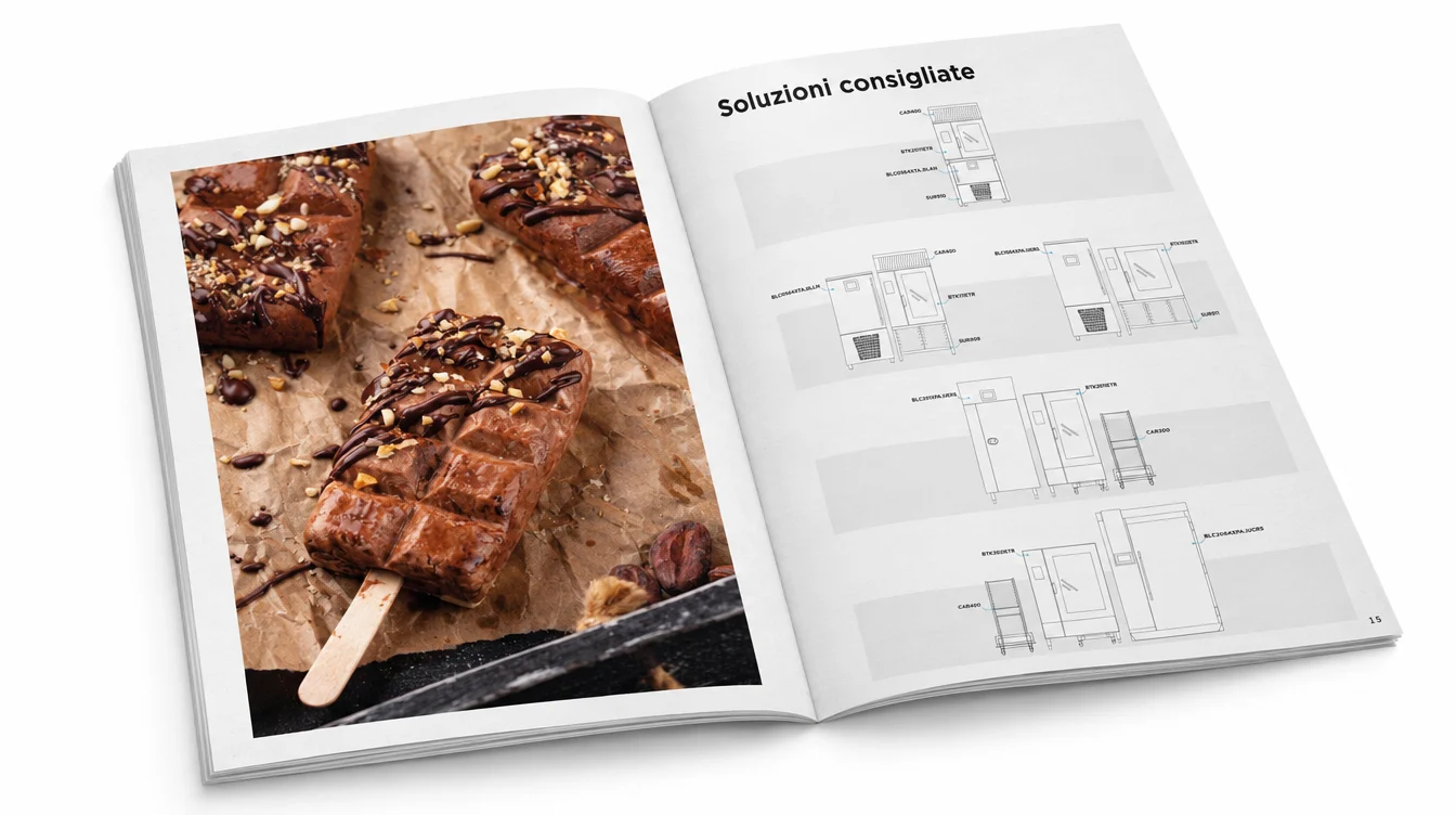 Catalogue double page with the photograph of a roast and the cooking table