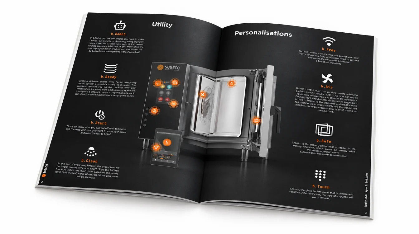 Black catalogue double page with the rendering of an oven and the function icons