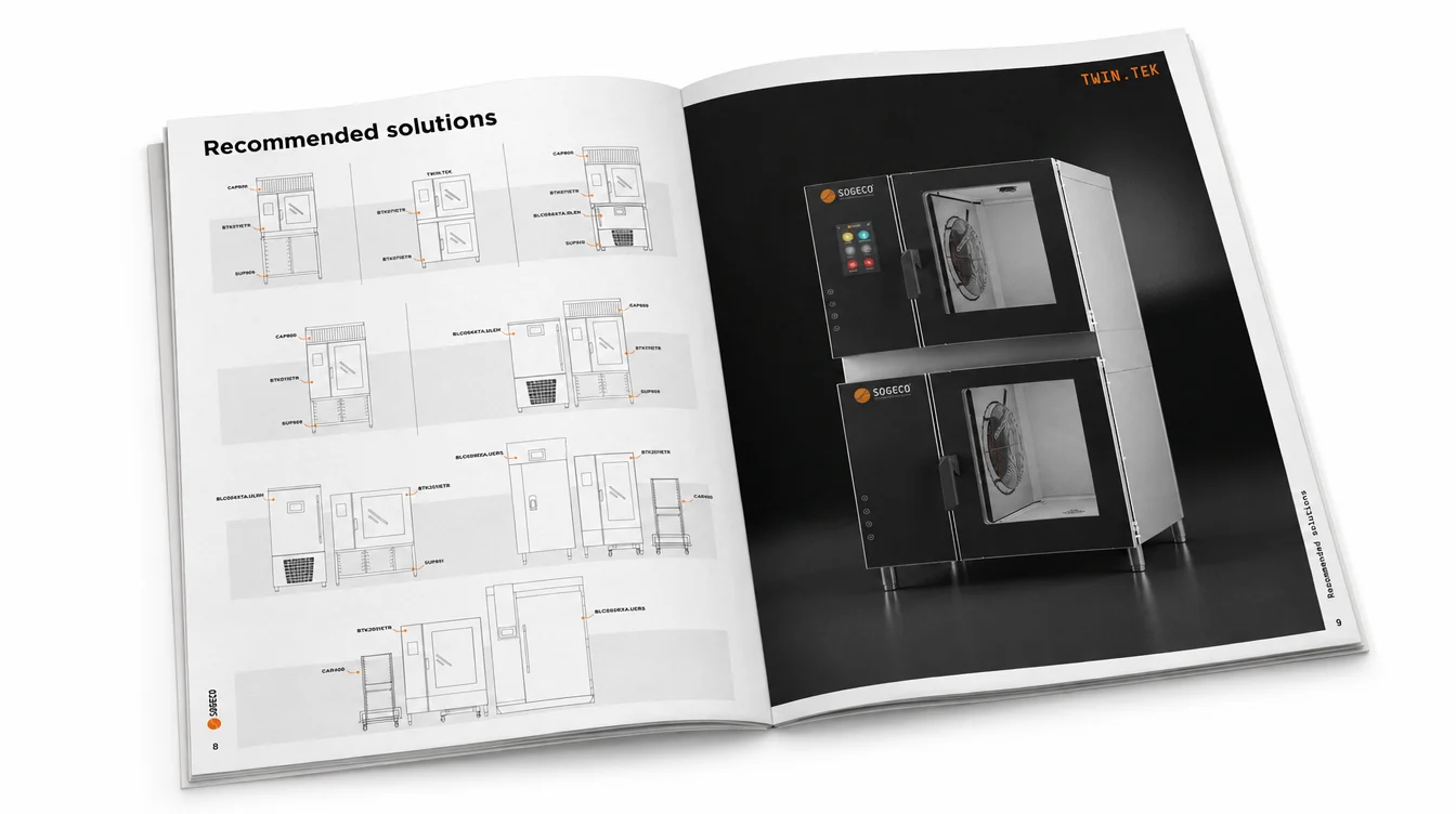 Catalogue double page on a black background with the oven renderings and the technical data