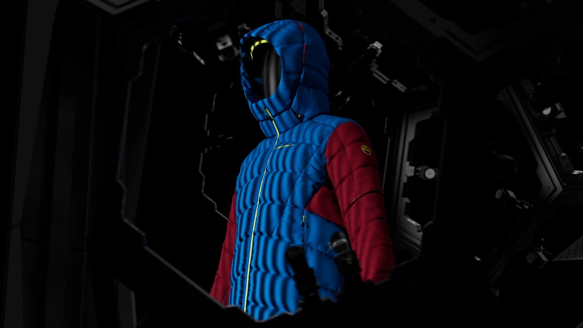 Primo piano della scansione 3D di una giacca blu con cappuccio