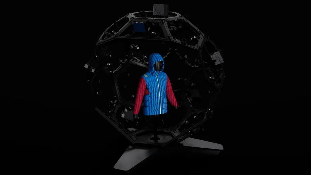 Giacca blu su manichino dentro lo scanner 3D D-Twin 2, vista d'insieme
