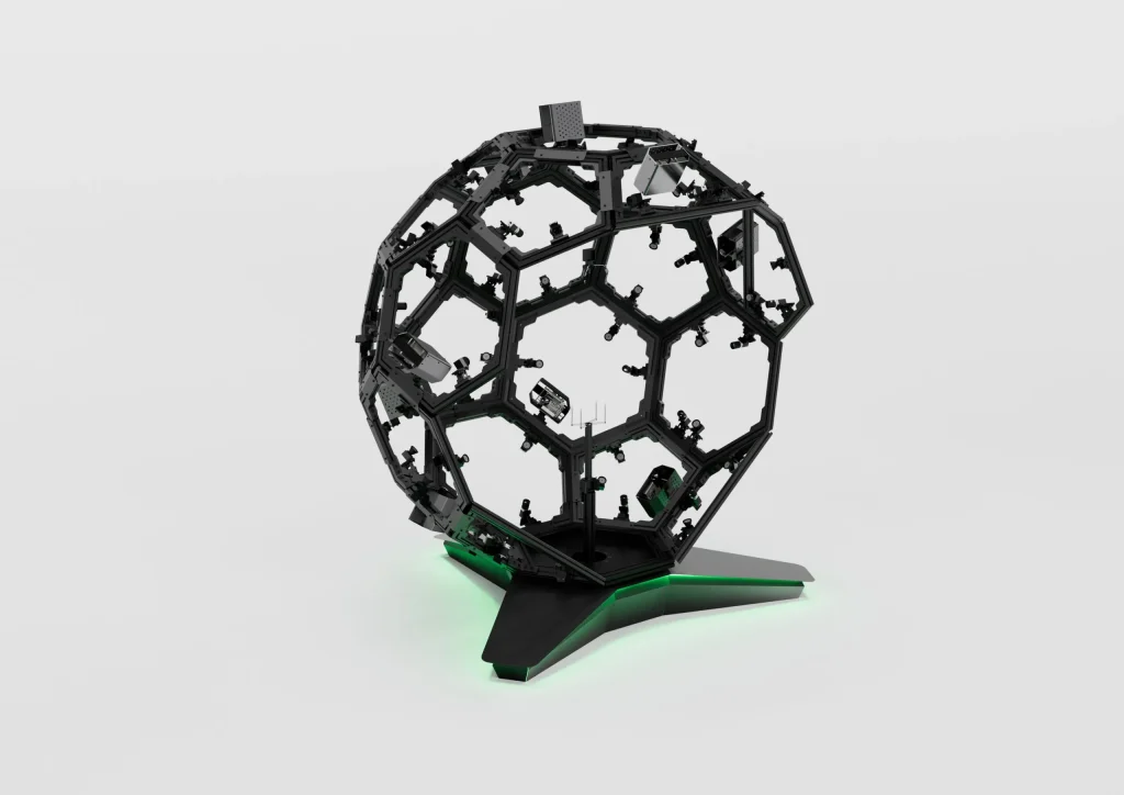 Scanner 3D D-Twin 2 visto di fronte con la base verde, render su fondo chiaro