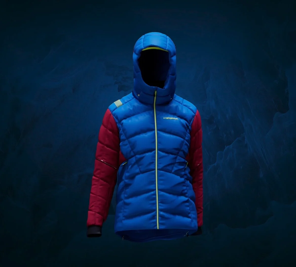 Piumino La Sportiva Alpine Tech in render su fondo blu