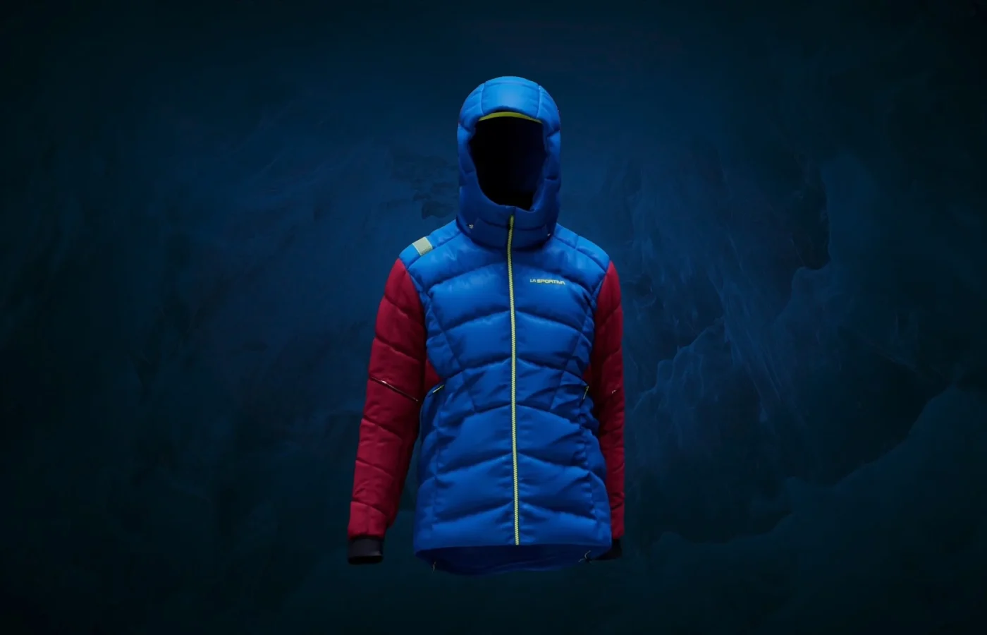Piumino La Sportiva Alpine Tech in render su fondo blu