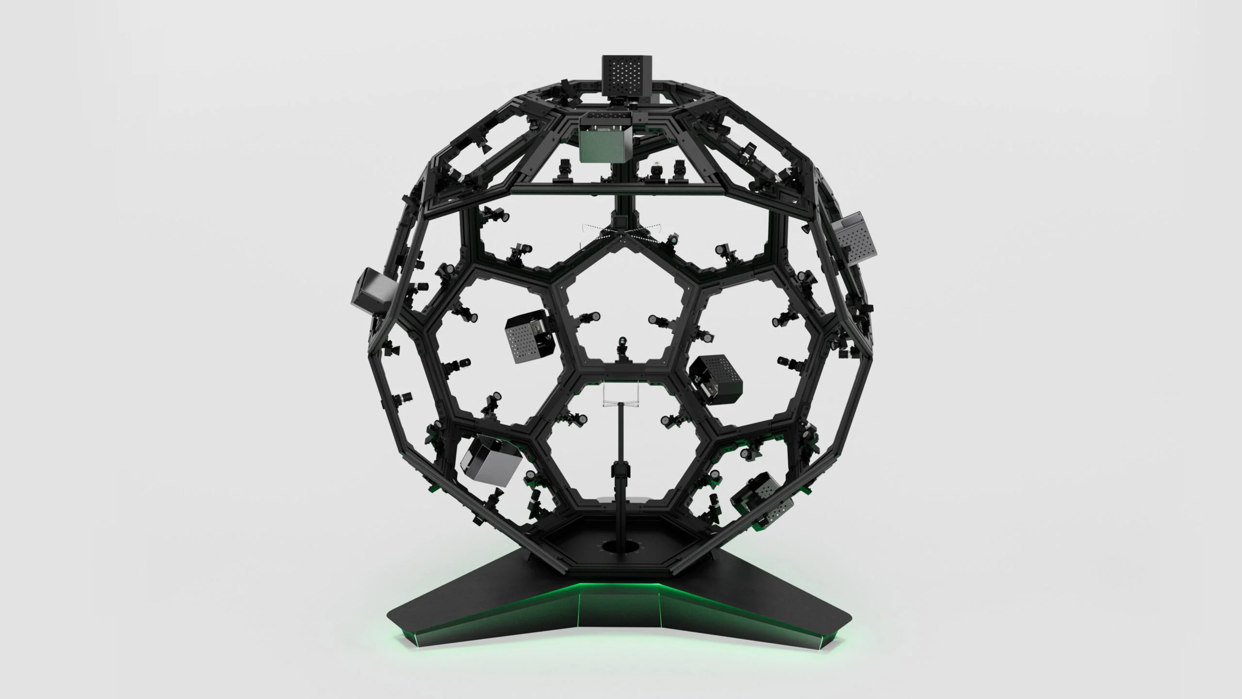 Render dello scanner 3D Covision D-Twin 2, struttura sferica nera sul supporto