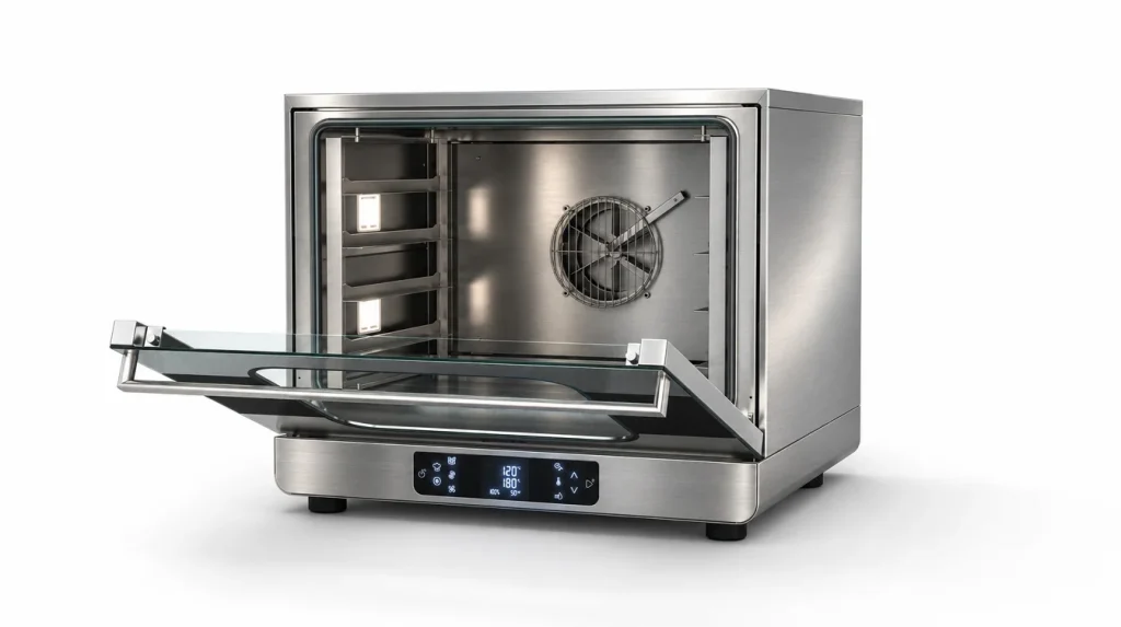 Gierre Sogeco oven with the drop-down door open and trays inside