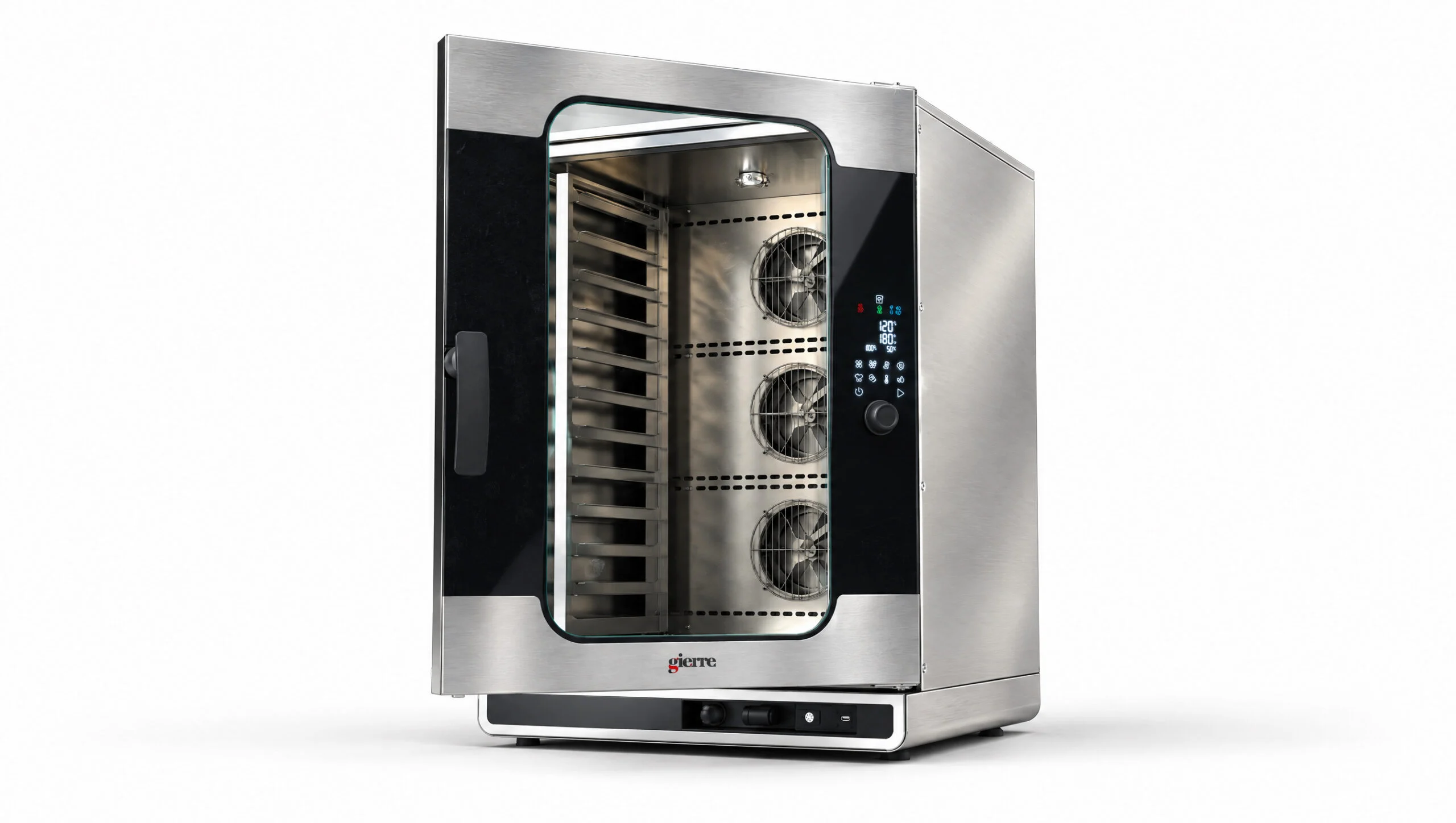 Professional Gierre Sogeco oven with the door open, three-quarter rendering on a light background