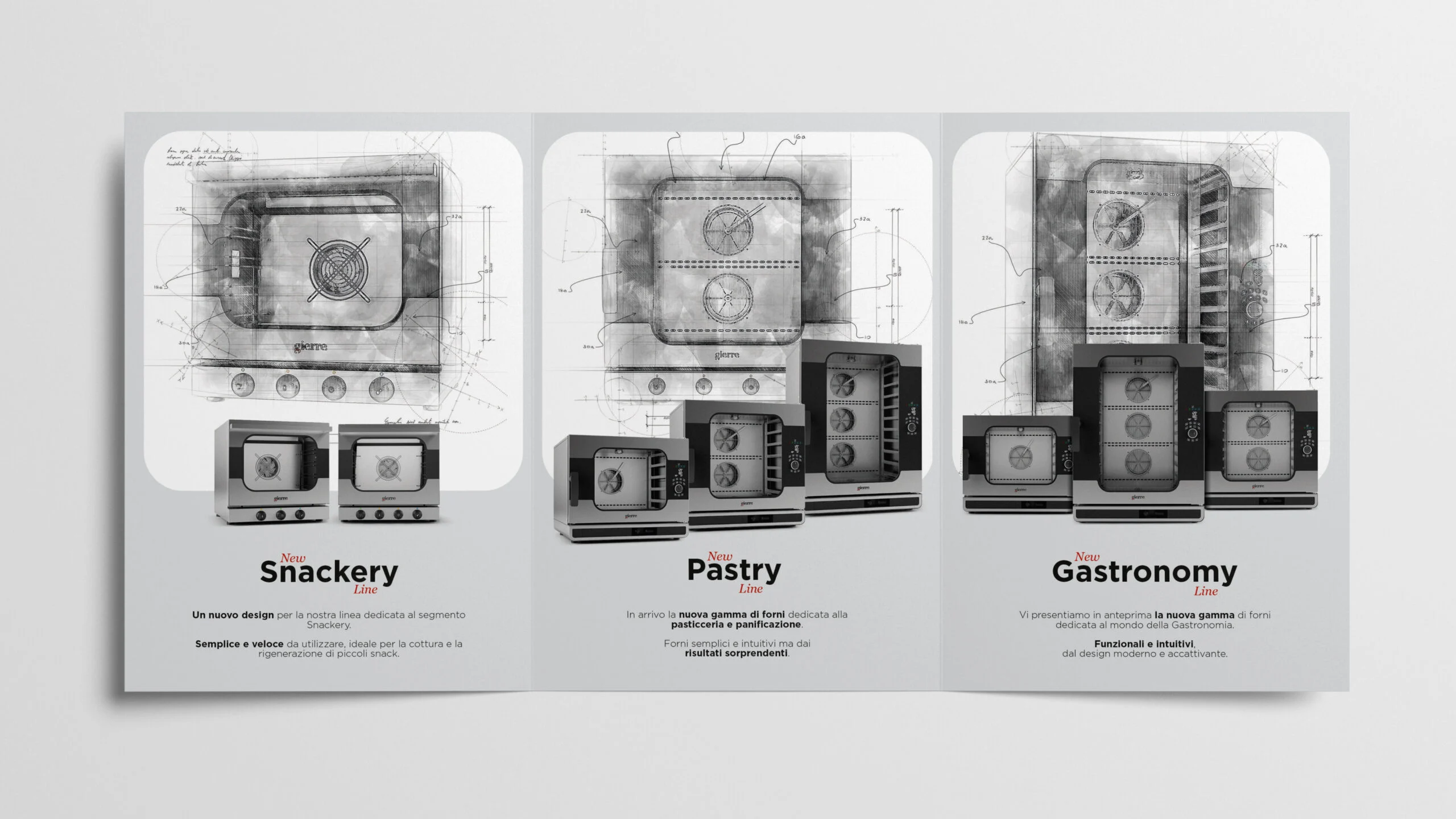 Catalogue page with the three families of Gierre Sogeco ovens: Bakery, Pastry and Gastronomy