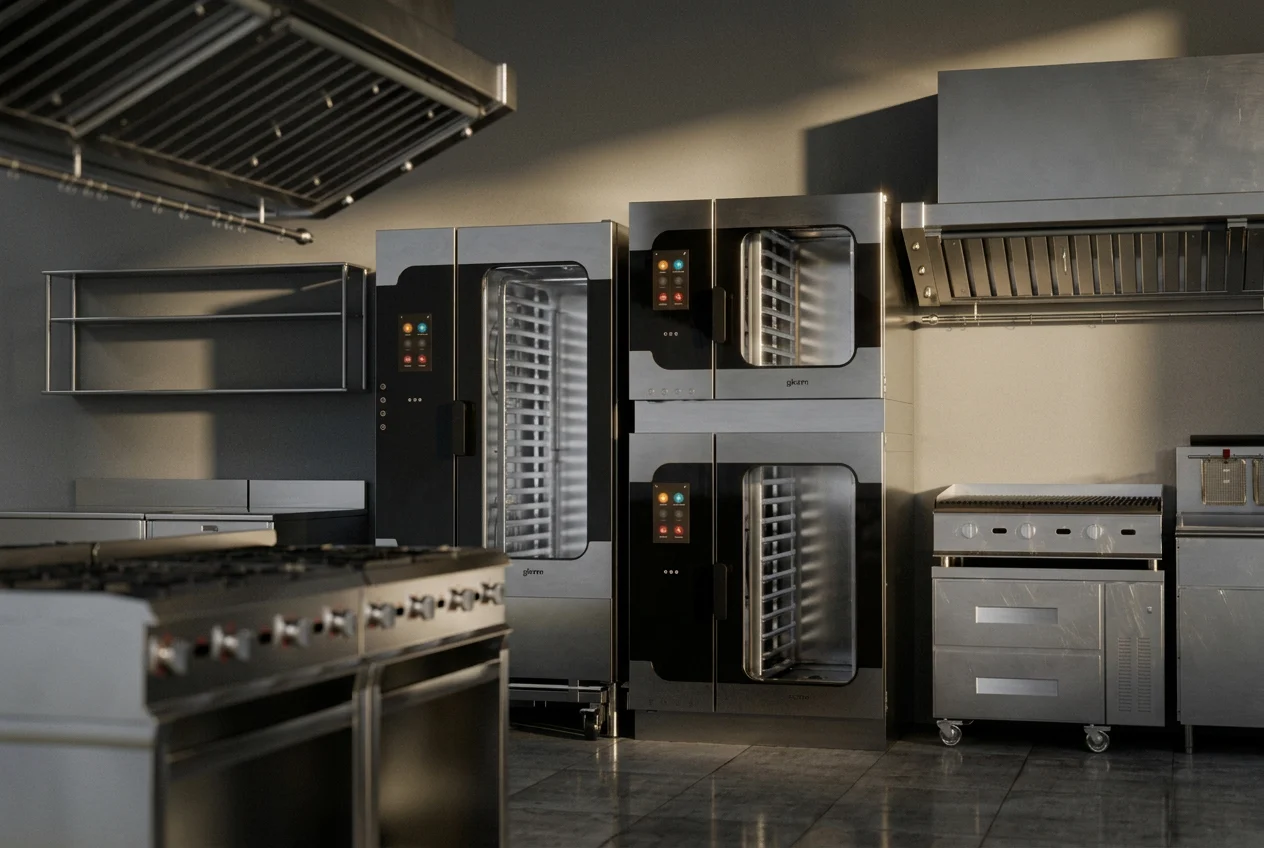 Rendering of a professional kitchen with stacked Gierre Sogeco ovens and stainless steel worktops