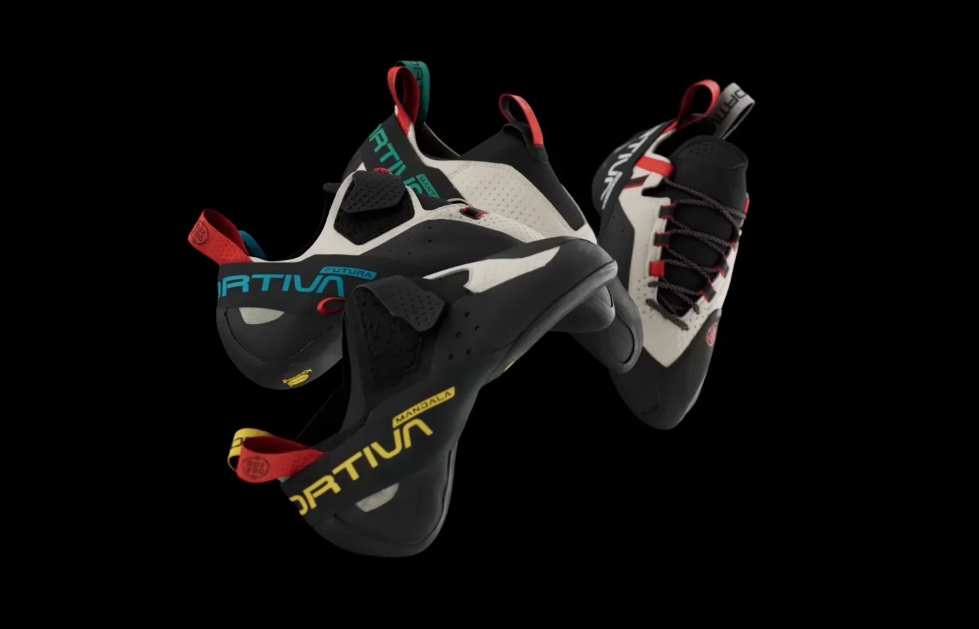 La Sportiva No Edge climbing shoes, rendering on a white background