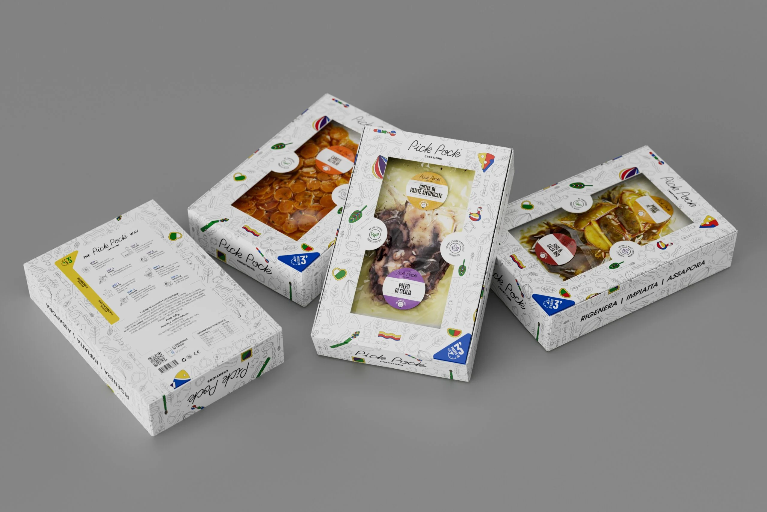 Confezioni Pick Pock impilate, render del packaging su fondo neutro