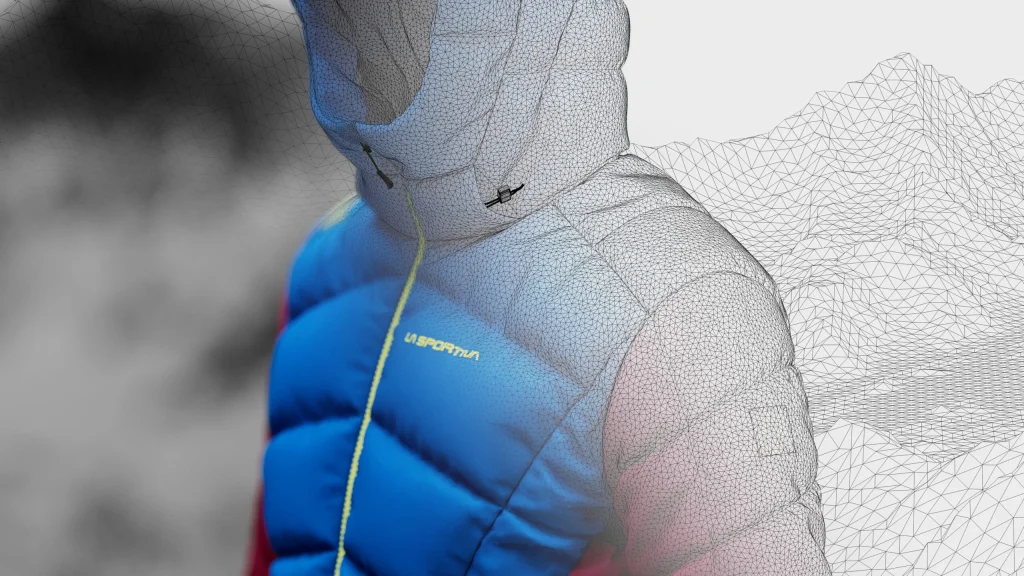 Dettaglio del piumino con la mesh del modello 3D in sovrimpressione