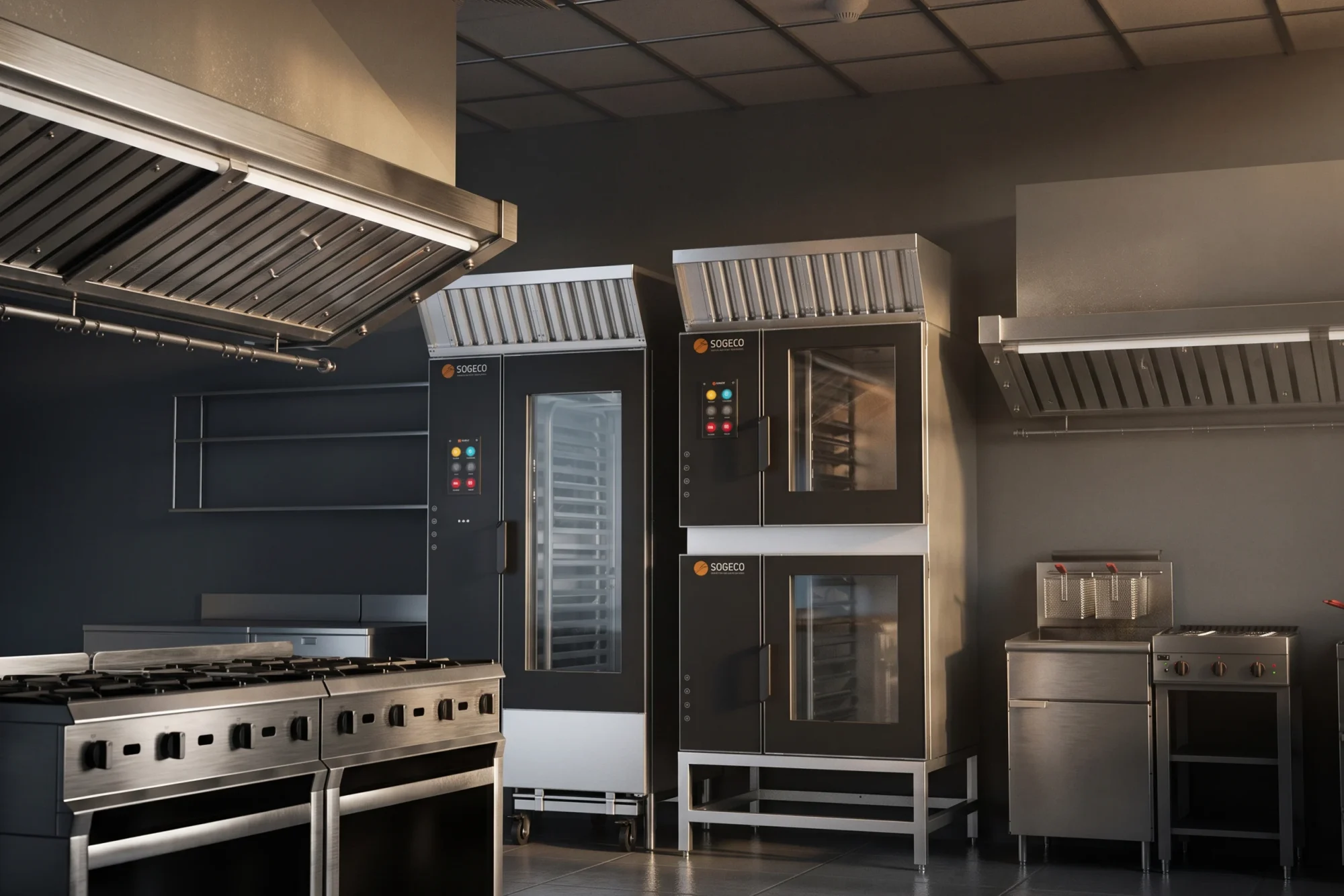 Professional stainless steel kitchen with the Gierre Sogeco ovens under the extractor hood