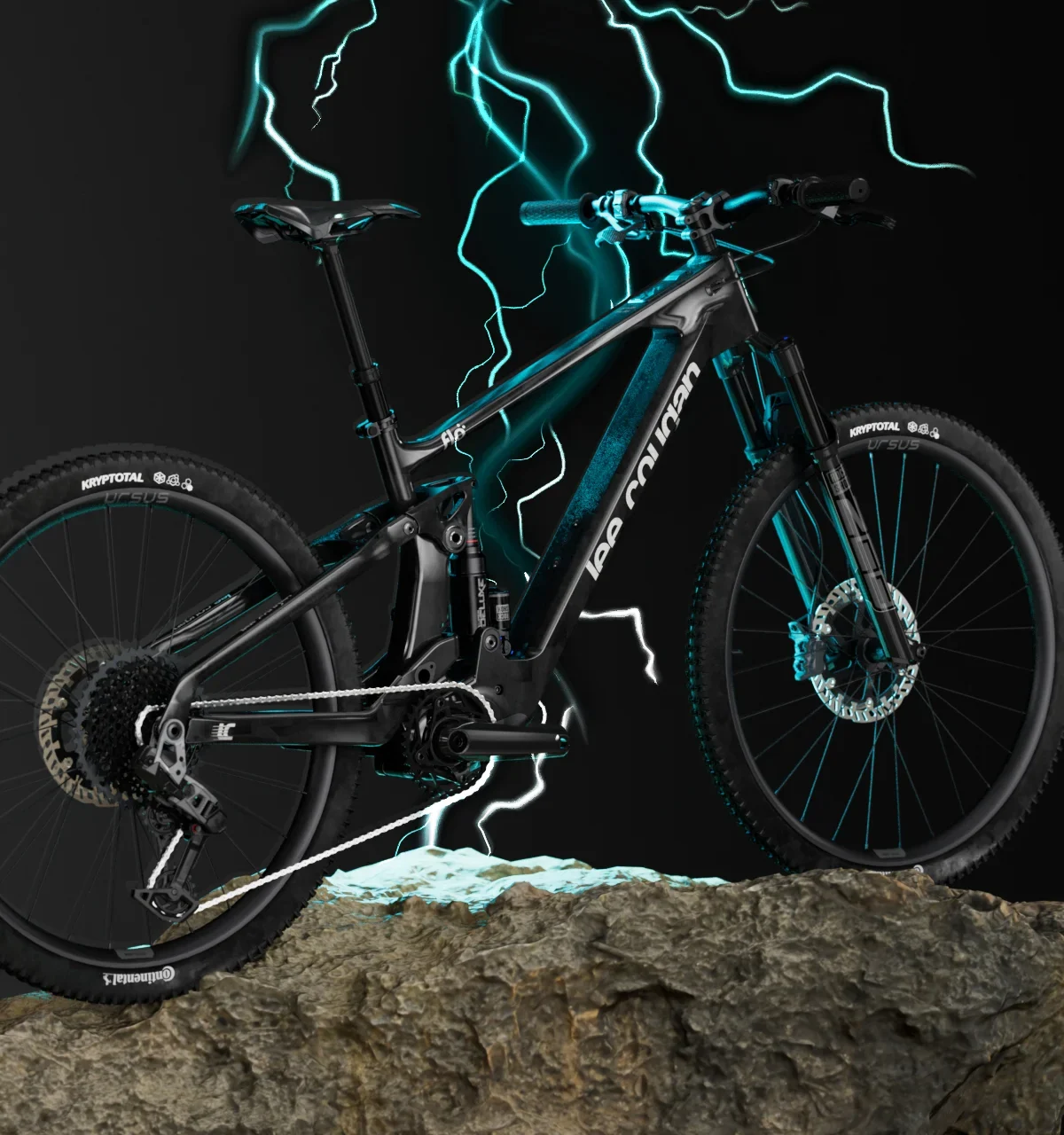E-MTB da enduro Lee Cougan Flo su una roccia, con la grafica dell'energia elettrica