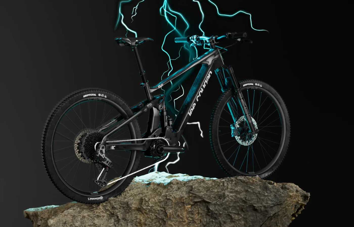 E-MTB da enduro Lee Cougan Flo su una roccia, con la grafica dell'energia elettrica