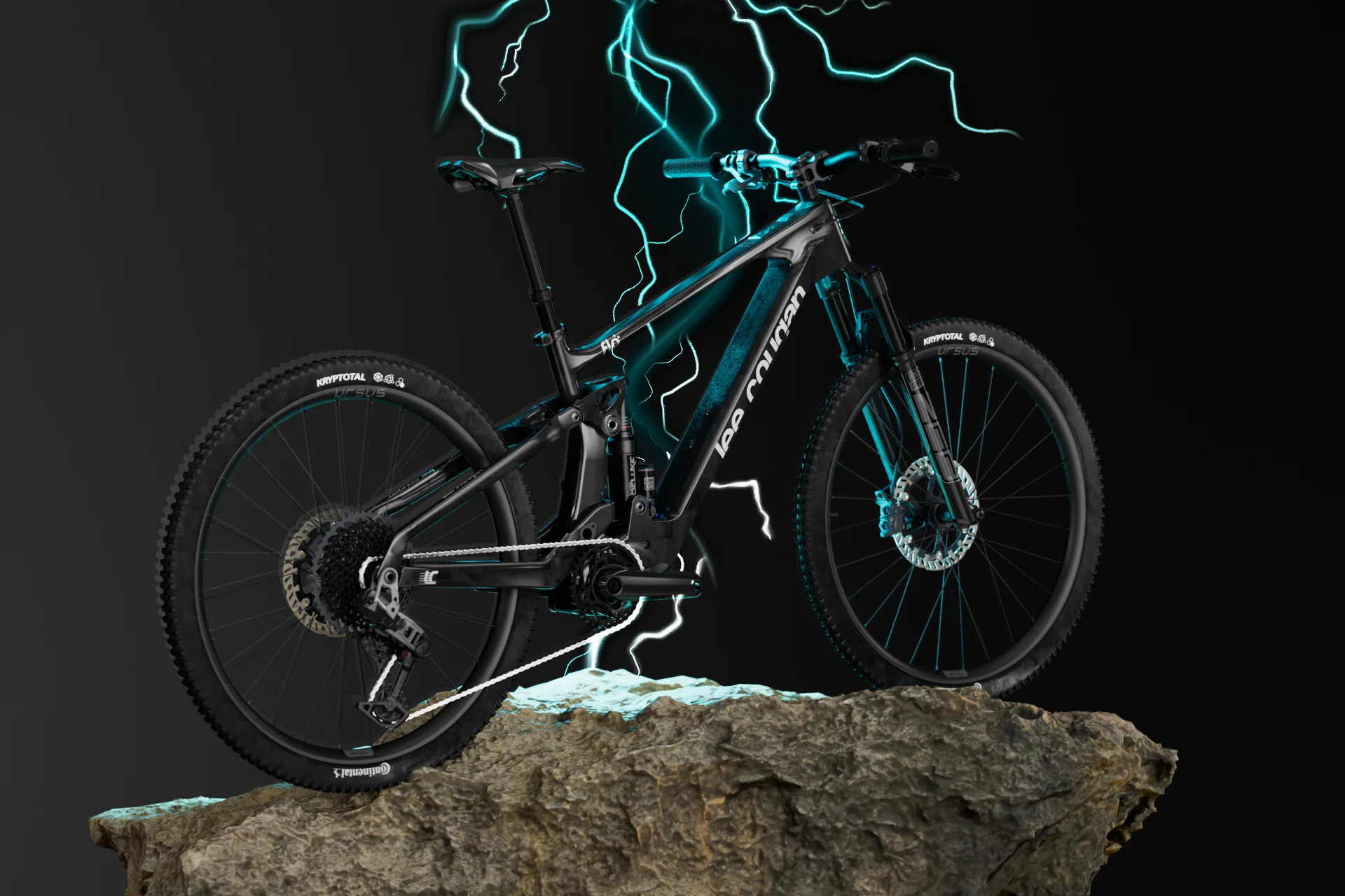 E-MTB da enduro Lee Cougan Flo su una roccia, con la grafica dell'energia elettrica