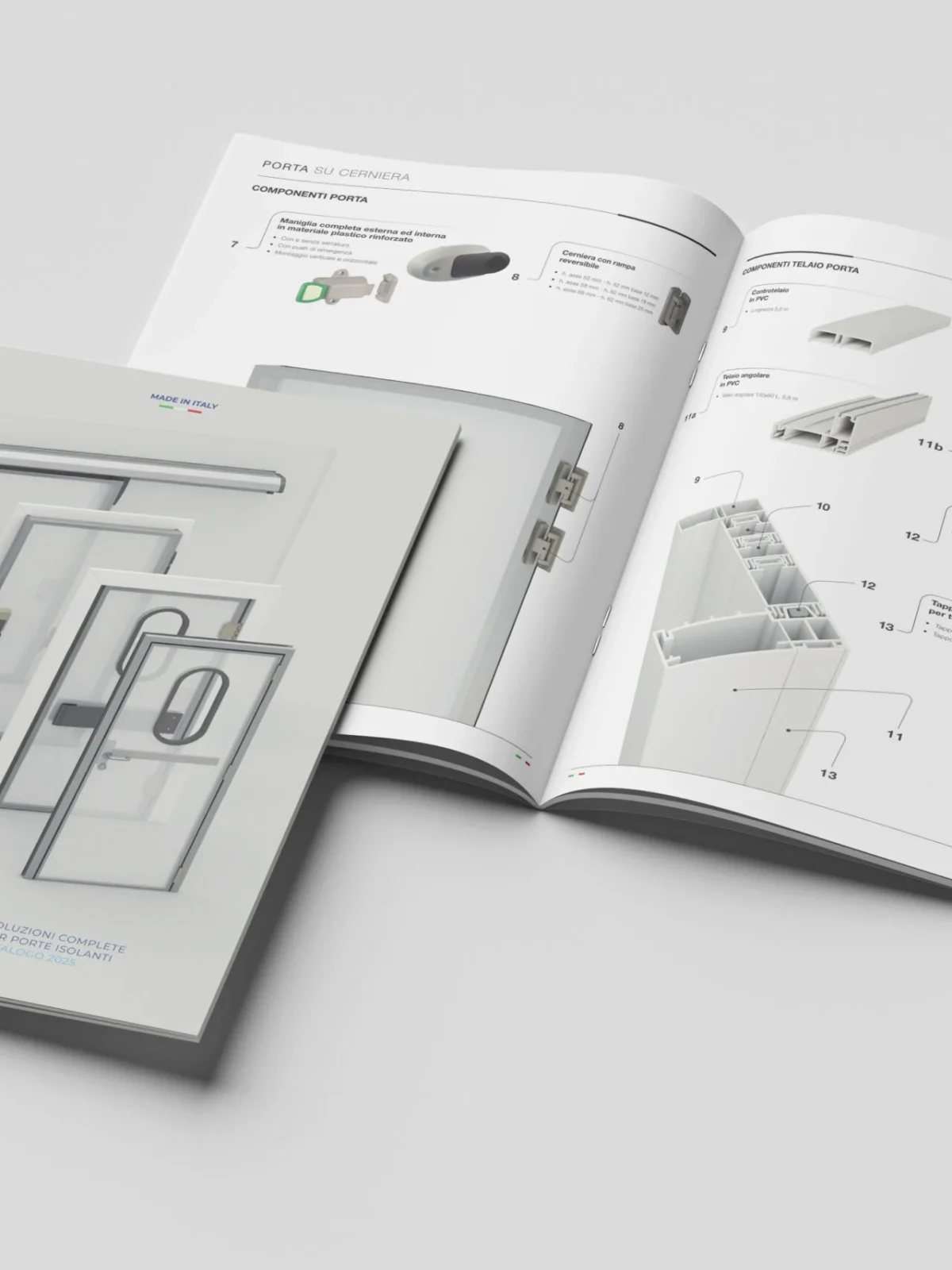 Il catalogo prodotti Coldtech aperto sulla pagina dei componenti per porte su cerniera