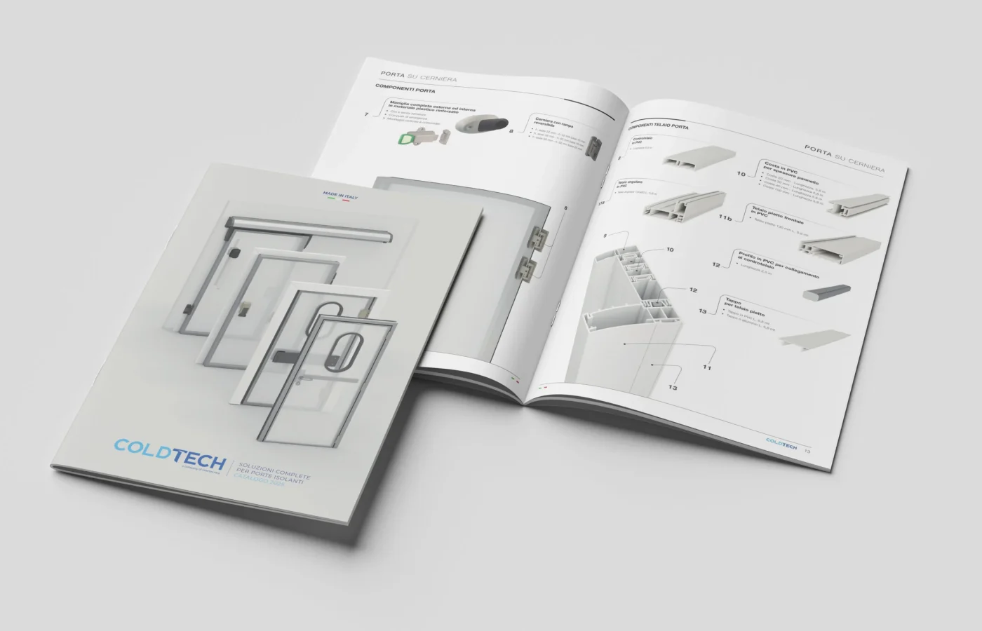 Il catalogo prodotti Coldtech aperto sulla pagina dei componenti per porte su cerniera