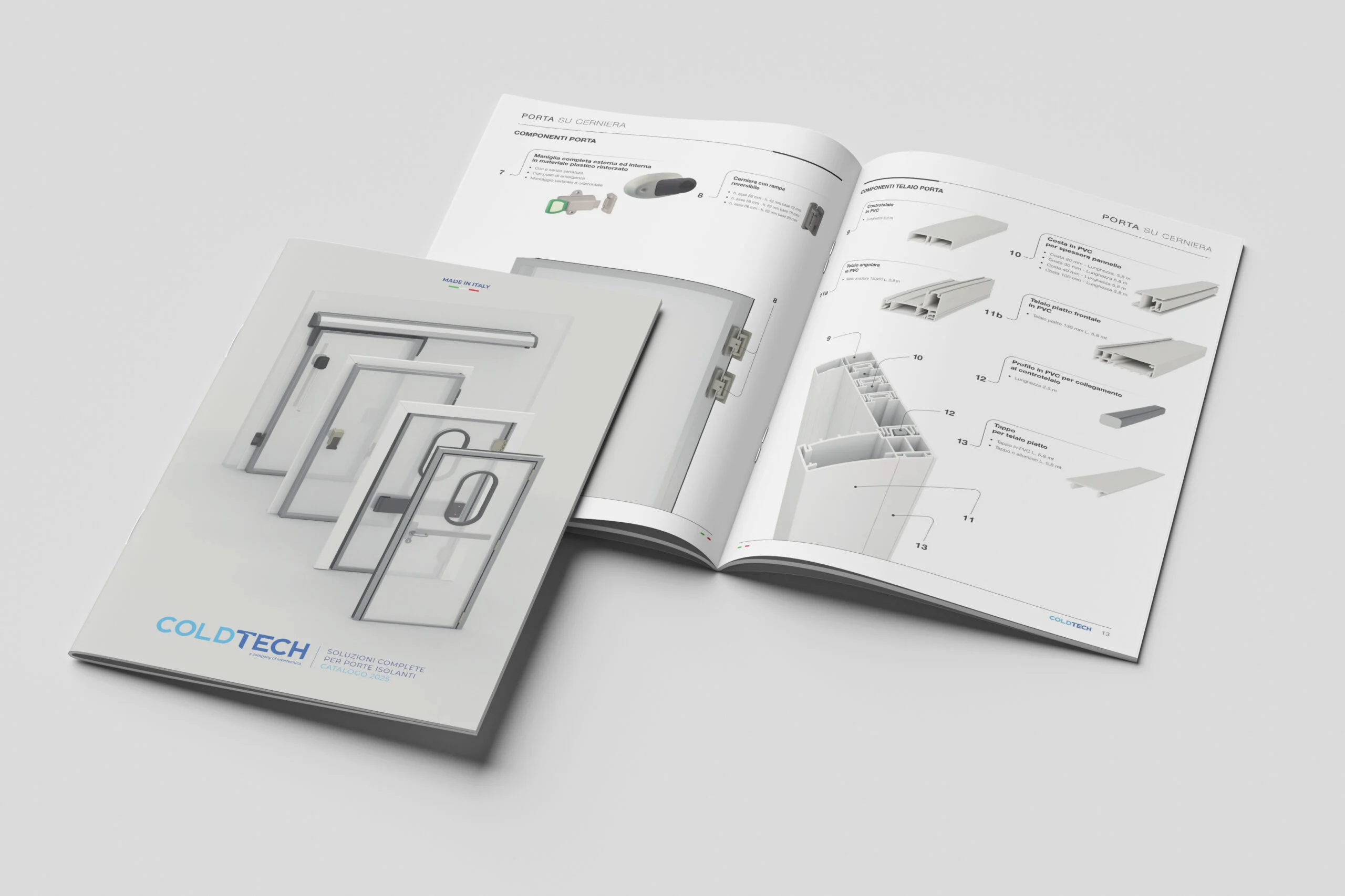 Il catalogo prodotti Coldtech aperto sulla pagina dei componenti per porte su cerniera