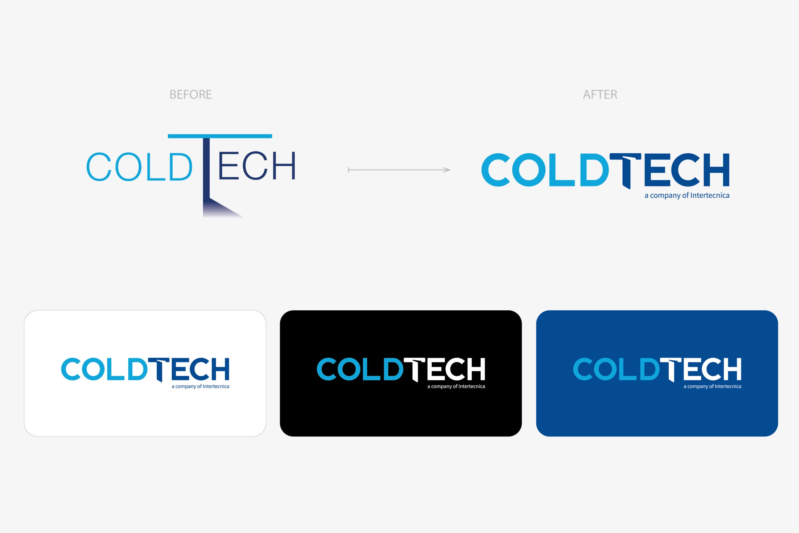Il logo Coldtech prima e dopo il restyling, con le versioni su fondo bianco, nero e blu