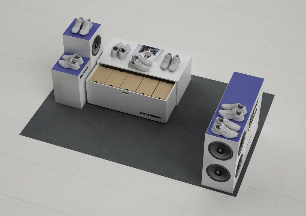 Render del brand corner con la seduta in legno e gli espositori