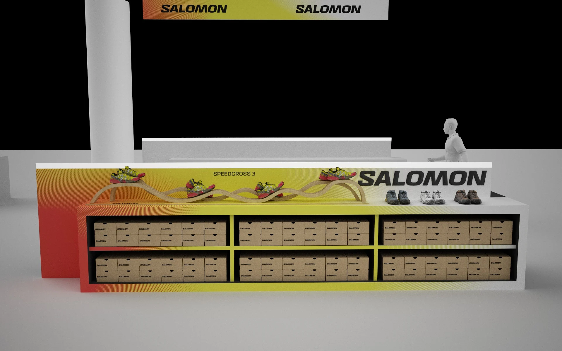 Render frontale dell'espositore Speedcross 3 con il logo Salomon