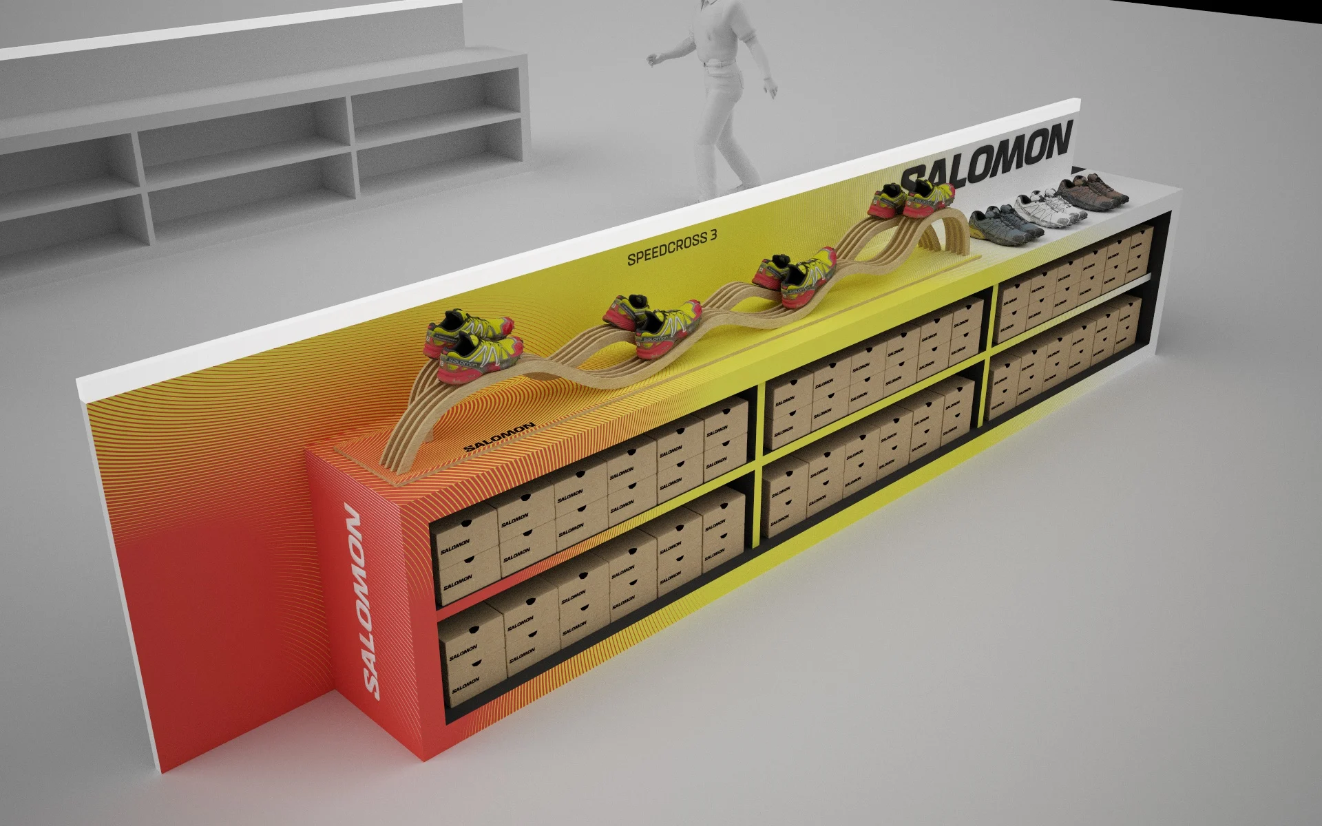 Render dell'espositore giallo per la Speedcross 3 lungo l'Air Snake