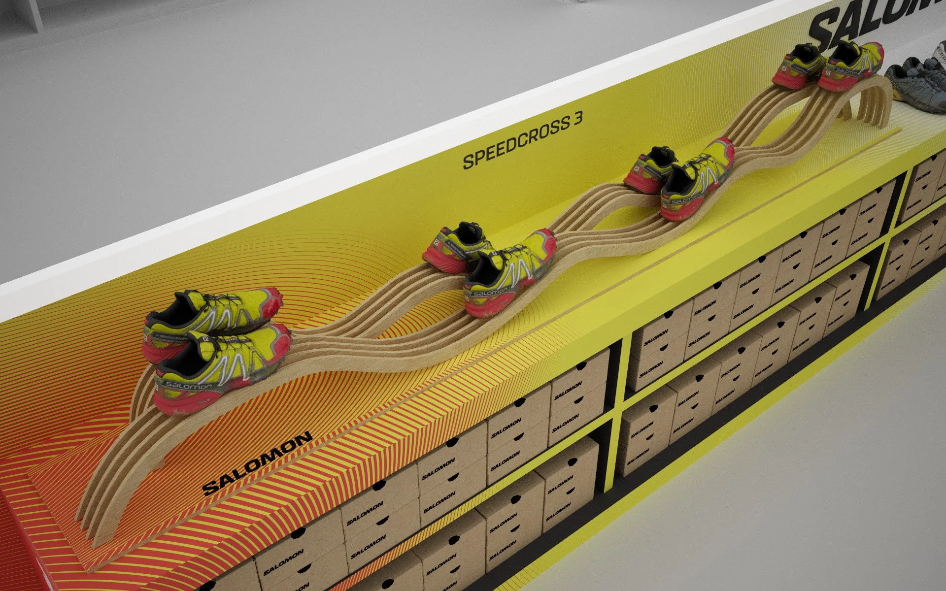 Dettaglio dell'espositore Speedcross 3 con le scatole in vista