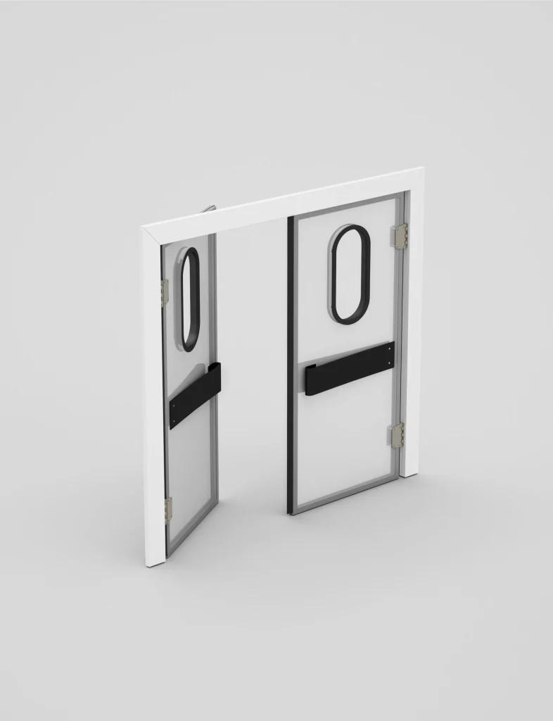 Rendering della porta va e vieni Coldtech a due ante con oblò