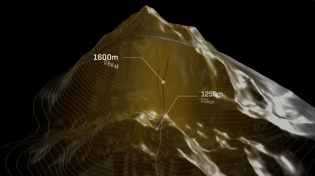 Modello 3D di una montagna con il tracciato del percorso e le quote a 1250 e 1600 metri