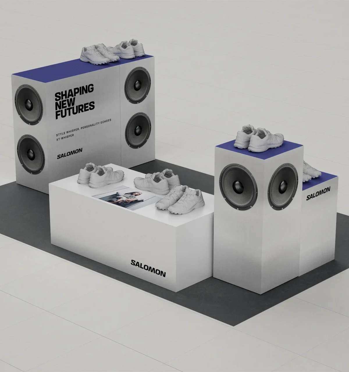 Render del brand corner Salomon XT-Whisper con gli espositori bianchi e blu