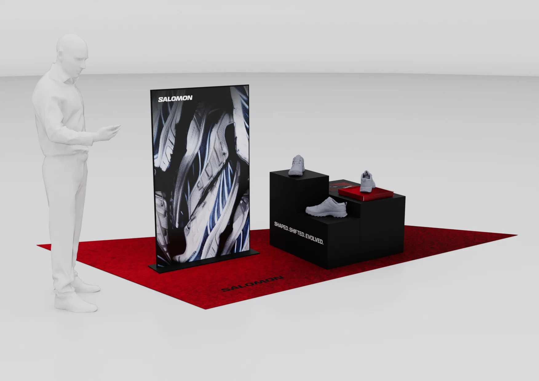 Render del corner Salomon XT-EVO con il pannello grafico e il tappeto rosso