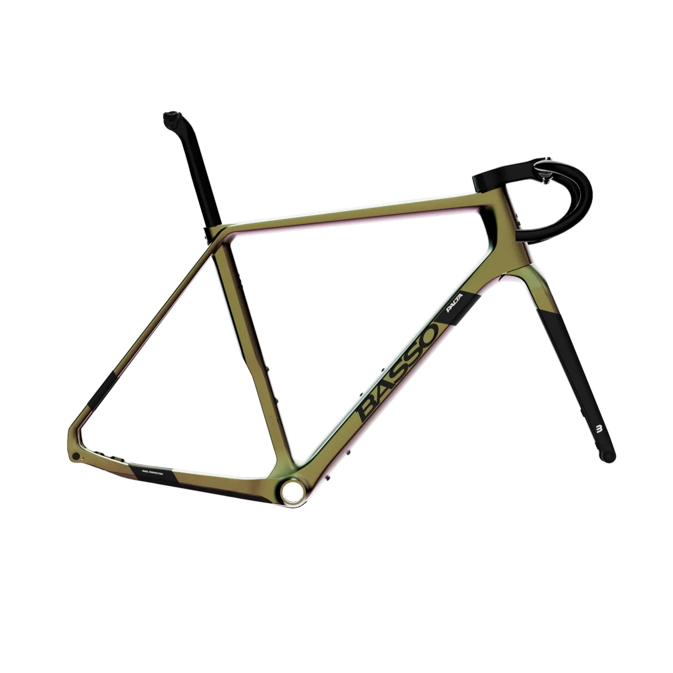 Frameset Basso Palta II in finitura iridescente verde e viola, in rotazione a 360°